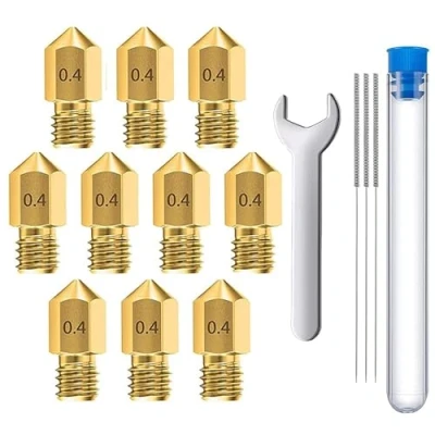 Immagine di MMOBIEL 10 pz. ugelli estrusore per stampante 3D MK8 in ottone da 0,4 mm compatibile con serie Creality Ender 3, 5, CR 10/10S, Makerbot, inclusi 3 aghi pulizia e chiave