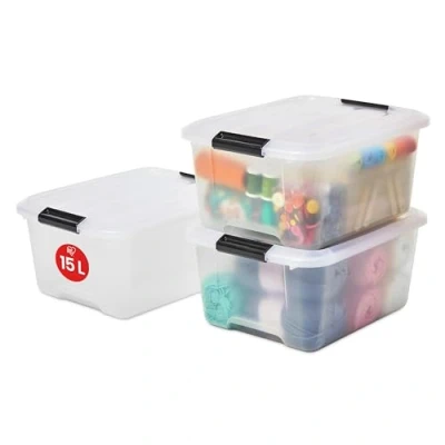 Immagine di Iris Ohyama Scatole Portaoggetti in Plastica Con Coperchio, 15L, Lotto di 3, Trasparente, Chiusura a Clip, Empilabile, Solido, Per Armadio, Garage, Casa, Ufficio, Organizzatore, TB 15