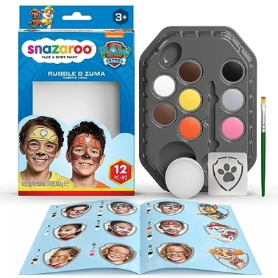 Immagine di Snazaroo Kit Pittura Di Viso PAW Patrol La Squadra Dei Cuccioli Rubble &amp; Zuma Per Bambini, 8 Colori, 1 Stencil, Pennello, Spugna, Guida, Colori Trucco A Base D&#039;acqua