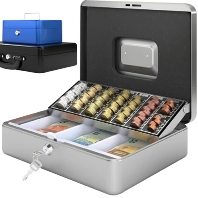Immagine di ACROPAQ Cassetta portavalori di sicurezza Con chiave, vassoio contamonete, Small 16 x 20 9 cm porta soldi, Cassa Cassaforte portatile, Salvadanaio Argento 10001S