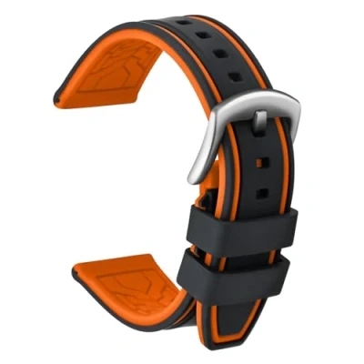Immagine di ULLCHRO Cinturini Orologi Impermeabile Bracciale in Caucciù Bicolori 20, 22, 24, 26mm Gomma Cinturino Orologio Fibbia Dell&#039;acciaio Inossidabile Spazzolato Argento (26mm, Nero e Arancione)