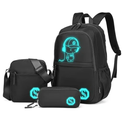 Immagine di KONO Zaino Luminoso da Scuola 3 in 1 Set, Borsa a Tracolla e Astuccio per Ragazzi, Laptop 15.6&quot; Studenti Adolescenti Ragazze (Nero)