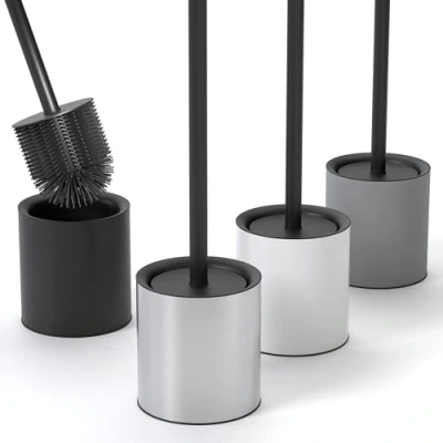Immagine di SAVEGA scopino per WC in silicone e acciaio inox antibatterico con elegante porta Design Spazzola paraspruzzi Scopa (argento)