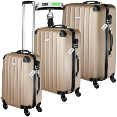 Immagine di TecTake® Set 3 Valigie, Rotelle Girevoli, Trolley Rigidi in ABS, Maniglie Telescopiche, Lucchetti a Combinazione, Viaggio con Bilancia ed Etichette per Bagagli Champagne