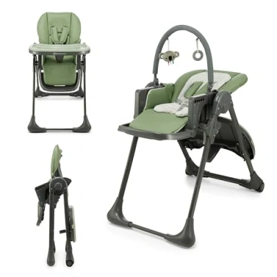 Immagine di Kinderkraft TUMMIE Seggiolone 2 in 1, Ergonomico, Confortevole, Reclinabile, Pieghevole, con Altezza Regolabile e Poggiapiedi, Vassoio Staccabile, per Bambini, giocattoli, Verde