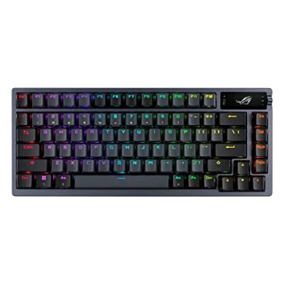 Immagine di ASUS ROG Azoth 75 Tastiera da gioco wireless fai te, display OLED, montaggio a gas, vaporizzazione tre strati, interruttori prelubed NX Red e stabilizzatori per tastiera, tasti PBT, RGB, nero