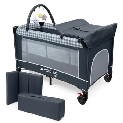 Immagine di Mobiclinic®, Lettino da viaggio 3 in 1, Box bambini duo livelli, Pieghevole con fasciatoio baldacchino, Entrata laterale, Caelum, Max. 15 kg, Ruote freno, Borsa portaoggetti