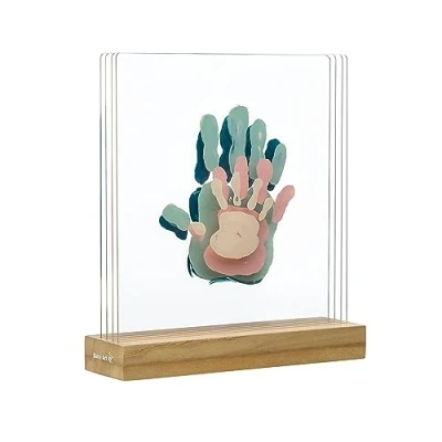 Immagine di Baby Art Family Prints Kit impronte per le mani di tutta la famiglia, Cornice impronta bimbo e genitori, idea regalo nascita, Trasparente con base color legno
