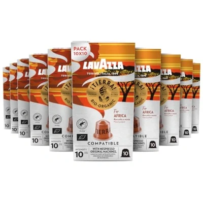 Immagine di Lavazza ¡Tierra! For Africa, 100 Capsule di Caffè in Alluminio Compatibili con Macchine Nespresso Original, Note Cacao e Frutta Secca, Intensità 10/13, 10 Pack da