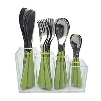 Immagine di EXZACT Posate acciaio inox in un contenitore plastica 24 PEZZI Manici colorati 6 forchette, coltelli, cucchiai da cena, cucchiaini tè (EX153) Verde