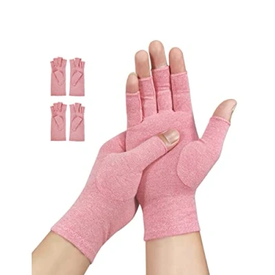 Immagine di Donfri 2 paia di guanti a compressione per artrite, senza dita, alleviare il dolore, giocare, digitazioni e polpette, uomini donne (L, Rosa)