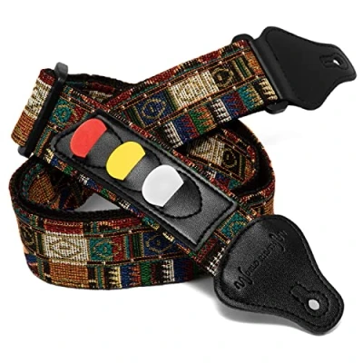 Immagine di World Rhythm WR 214 Tracolla per chitarra in cotone ricamato con motivo Aztec chitarre elettriche, acustiche, classiche e bassi taschini porta plettro plettri