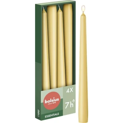 Immagine di Bolsius Candele affusolate Beige Confezione da 4 24,5 cm decorative per la casa Durata di 7 ore Non profumate Include cera naturale vegana senza olio palma