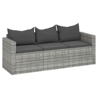 Immagine di vidaXL Divano da Giardino a 3 Posti con Cuscini in Polyrattan Grigio
