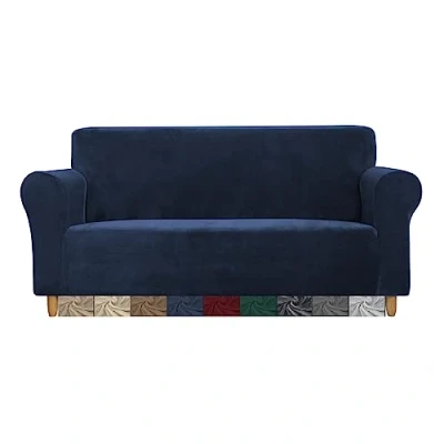 Immagine di CMAKER Copridivano in velluto elasticizzato a 2 posti, con fondo elastico antiscivolo, protezione per mobili e animali domestici (2 blu navy)