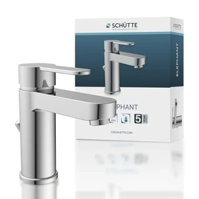 Immagine di SCHÜTTE 34210 Elephant Rubinetto per lavabo con valvola di Scarico Bagno, Miscelatore monocomando Pop up eccentrico, Cromato, Cromo