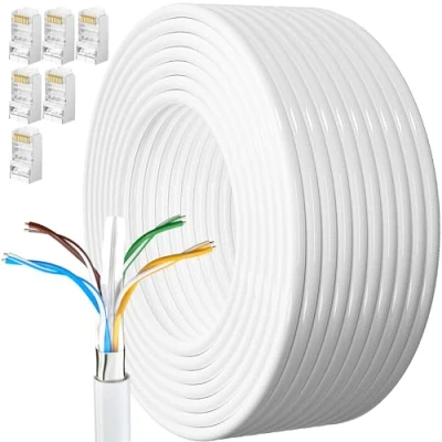 Immagine di Cavo Ethernet 30 Metri, Bobina Cat 6 Lan 30m Lungo per Esterno Resistente alle Intemperie di Rete FTP 23 AWG Schermato Gigabit Anti jamming Internet Bianco
