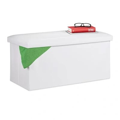 Immagine di Relaxdays Panchina Panca con Contenitore, in finta pelle, Pieghevole, Imbottito, Corridoio, HxLxP 37,5 x 76,5 38,5 cm, Bianco, pannelli MDF, gommapiuma, 1 pz