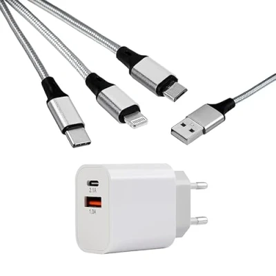 Immagine di MUTTO Confezione di caricabatterie USB C, adattatore alimentazione C da 10 W, con tipo e A+ 3 in 1 Multi cavo ricarica universale a Micro USB/USB C/Lightning