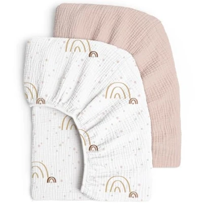 Immagine di lulumoon Mussola Set di 2 lenzuoli con angoli elasticizzati per lettino da viaggio e lettino, 100% cotone, 60 x 120 70 140 cm, confezione (rosa arcobaleno)