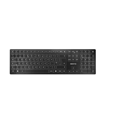 Immagine di CHERRY KW 9100 SLIM, Tastiera di design Senza Fili, Layout per il Regno Unito (QWERTY), A scelta Connessione Bluetooth o Wireless 2,4 GHz, Tasti Piatti, Ricaricabile, Nero Grigio