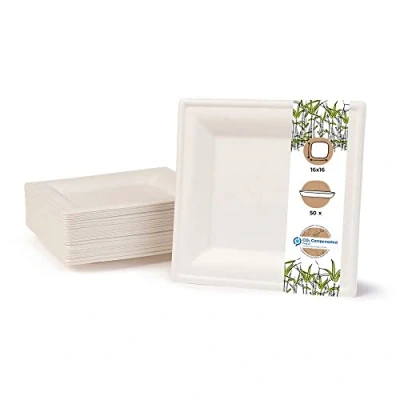 Immagine di BIOZOYG Set da Tavola ecologiche bagassa usa e getta 50 pezzi Piatto di canna zucchero bianco sbiancato angolare 26x26 cm monouso