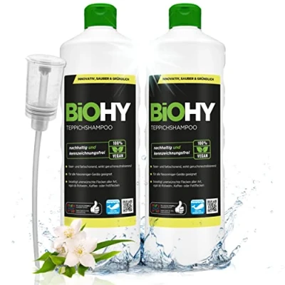Immagine di BiOHY Shampoo per tappeti (2 bottiglie da 1l) + Distributore Concentrato detergente efficace ideale rimuovere le macchie ostinate ben tollerato dagli animali (Teppichshampoo)