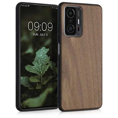 Immagine di kwmobile Custodia Compatibile con Xiaomi 11T / PRO Cover Protezione in Legno per Smartphone Back Case Bumper Silicone TPU Marrone Scuro