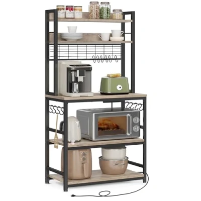 Immagine di VASAGLE Scaffale Cucina con Multipresa, per Microonde, Mobile Cucina, Pannello a Rete Metallica, 14 Ganci, 40 x 80 170 cm, Greige e Nero KKS025B02EU