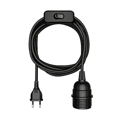 Immagine di ledscom.de cavo tessile LEKA, spina, interruttore, nero, 3 m, attacco lampada, 1x E27 max. 60W, Led, Diy, lampada da parete, E27, tessile, a sospensione, spina di
