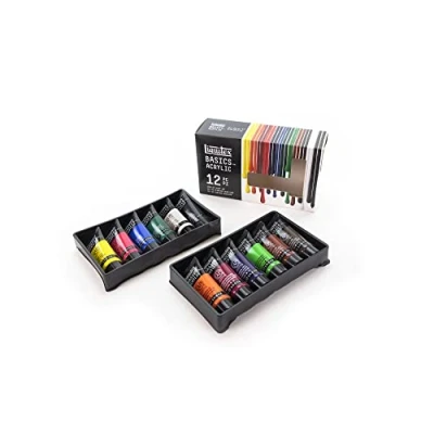 Immagine di Liquitex 3699403 Basics Pittura acrilica, Pigmenti per artisti monopigmentati, Resistente alla luce, durevole nel tempo, Finitura satinata, Set di colori 12 Tubi da 22 ml