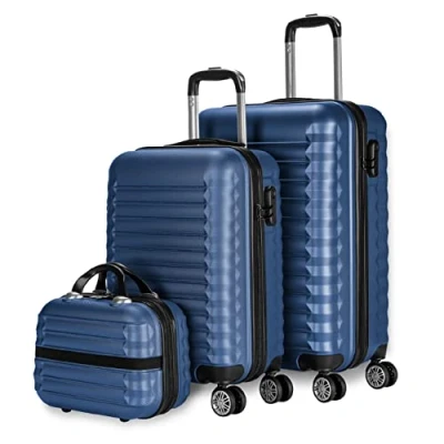 Immagine di NUMADA Set di valigie 3pzs (53/63cm) e borsa da toilette Blu Navy, ABS Resistente, Leggero con 4 ruote doppie lucchetto combinazione laterale