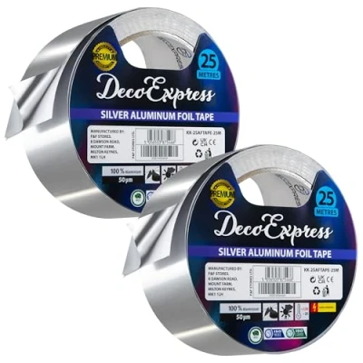 Immagine di DECO EXPRESS Nastro Adesivo di Alluminio, Foglio Alluminio Multiuso per Alte Temperature 45mm x 10/25/50m Sigillare, Riparare, Isolare, Argentato (25 M 2 Nastri)