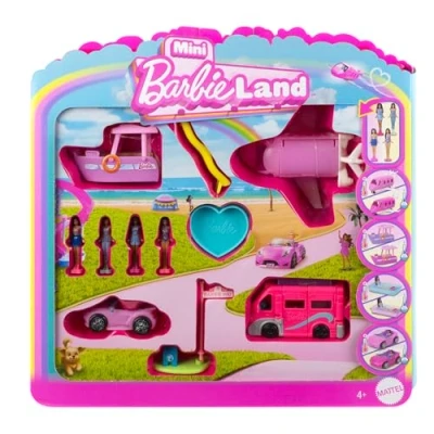Immagine di Barbie mini BarbieLand Set confezione speciale con 4 bambole e veicoli iconici, sorprese cambia colore incluse, giocattolo per bambini, 4+ anni, JDB85