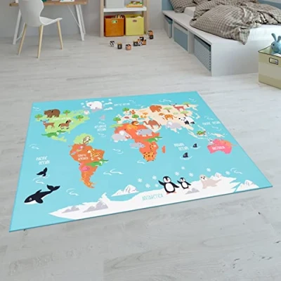 Immagine di Paco Home Tappeti da gioco a pelo corto colorati per camerette dei bambini con diversi motivi, Dimensione:80x150 cm, Colore:Turchese