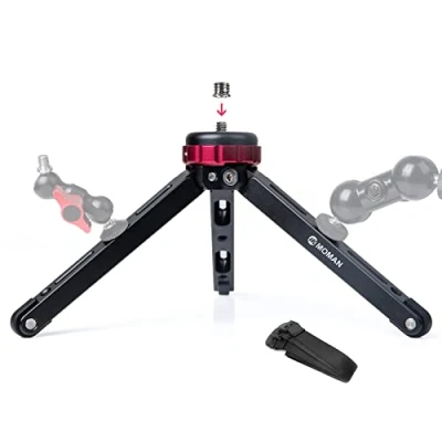 Immagine di Moman Mini Treppiedi, TR01 Tavolo Treppiedi Piccolocon Attacco a Vite 1/4 e 3/8 Mirrorless con Carico Massimo di 80 kg Alluminio CNC per Fotocamera Camere Reflex Smartphone DSLR, Nero Rosso