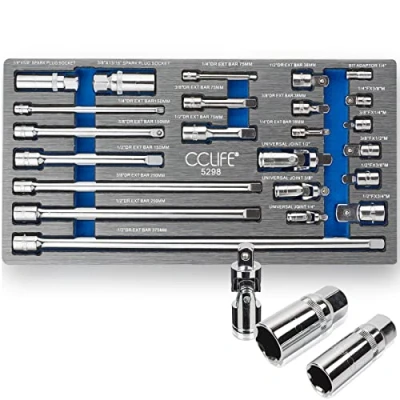 Immagine di CCLIFE 23 Pezzi Ribaltamento prolunga cricchetto, 1/4&quot; 3/8&quot; 1/2&quot; adattatore per cricchetto set di chiavi a bussola Cr V adatto riparazioni meccaniche e automobilistiche