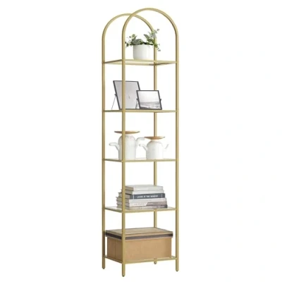 Immagine di VASAGLE Scaffale Portaoggetti a 5 Ripiani, Libreria in Vetro Temperato, Design ad Arco, Struttura Metallo, Soggiorno Camera da Letto Studio Bagno, Oro Metallizzato e Trasparente LGT501A01