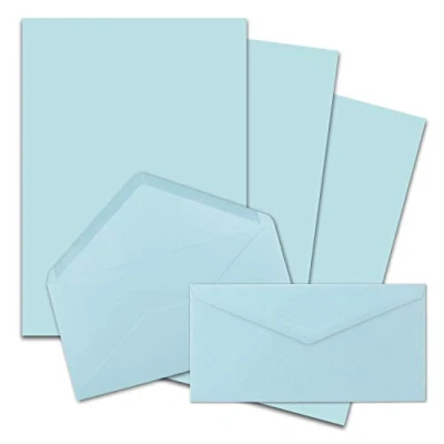 Immagine di FarbenFroh by Gustav Neuser Set di 50 fogli carta da lettere opaca formato DIN A4, con buste lunghe, incollaggio a umido, colore: azzurro