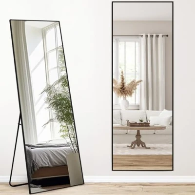 Immagine di Melodieux specchio per tutto il corpo, 161 x 52 cm, lunghezza completa, grande autoportante, cornice in alluminio nero, da appendere a parete, soggiorno, camera letto