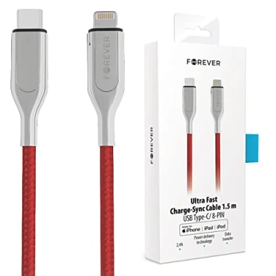 Immagine di FOREVER Cavo USB C a Lightning, lunghezza 150 cm, certificato Apple MFi, compatibile con iPhone 11/Pro/11X/XS/XR/XS Max 8/8 Plus, per caricabatterie di tipo C, Power Delivery (rosso)