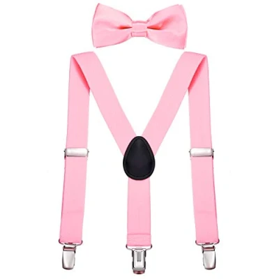 Immagine di DonDon Set bretelle bambino e papillon rosa elastici regolabili per bambini da 1 a 8 anni
