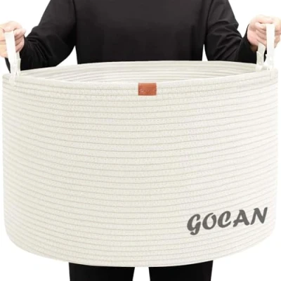 Immagine di GOCAN cesto extra grande da soffitto in corda di cotone, diametro 55 x altezza 35 cm, portabiancheria tessuto per soffitto, portaoggetti con manici cuscini giocattoli, soggiorno