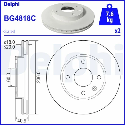 Immagine di DELPHI BG4818C Disco freno 236 20 4 ventilato rivestito non trattato senza cuscinetto ruota, anello sensore ABS OPEL: Karl