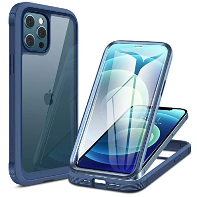 Immagine di Miracase custodia a 360 gradi, compatibile con iPhone 12/12 Pro (6,1 pollici), protettiva per tutto il corpo pellicola in vetro integrata, resistente agli urti, colore blu