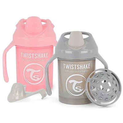 Immagine di Twistshake 2 mini tazze per bambini a prova di perdite, con beccuccio morbido e frullatore frutta, 230 ml, senza BPA, da allenamento bambini, borraccia colore: grigio rosa