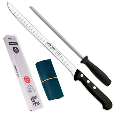 Immagine di Arcos set coltelli Professionali 3 pezzi Acciaio Inox (240 mm) Coltello + Acciaini Affilatori da prosciutto professionale Nitrum