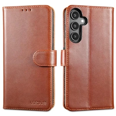 Immagine di Lensun Custodia per Samsung Galaxy A35 5G, Cover in Vera Pelle Supporto Stand Libro con Portafoglio Chiusura Magnetico Flip Custodie Cuoio Telefono Marrone Scuro