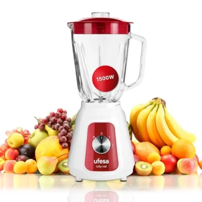 Immagine di Ufesa BS4717 RUBY RED Frullatore da tavolo, 500 W di potenza, Caraffa in vetro 1,5 L, Coperchio con chiusura ermetica, 2 velocità + Pulse, 4 lame acciaio inox