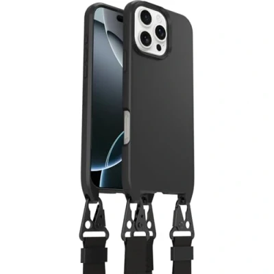 Immagine di OtterBox Cover React Series Lanyard MagSafe per iPhone 16 Pro Max, resistente a shock con cordone da collo, adattabile e intercambiabile, testata norme MIL STD 810G, Nero, Senza Retail Package